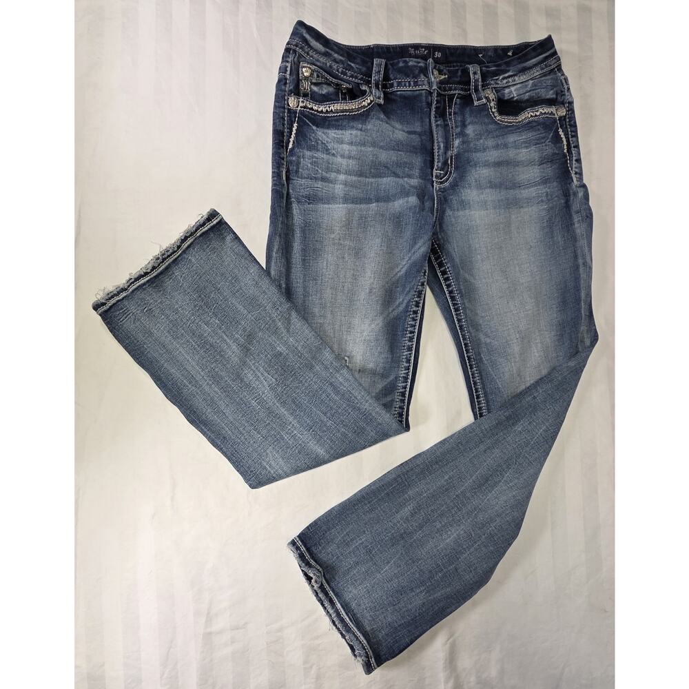 Miss Me Bootcut Jeans Size 30 Thick Stitch Fading Distressed Y2K Boho Western - Picture 3 of 12